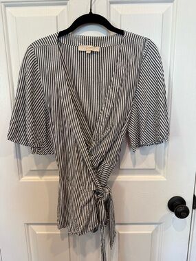 LOFT Navy & White Striped Wrap Blouse with Tie